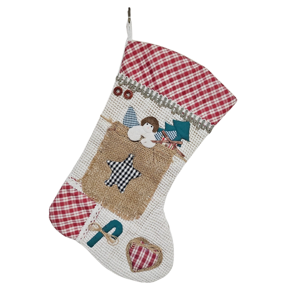 VTG‎ Handmade Rustic Christmas Stocking Angel Tree Felt Straw Homestead Farmer